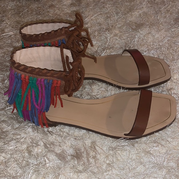 ZARA Fringed Flat Suede Leather Sandals Size 8 - Picture 4 of 9